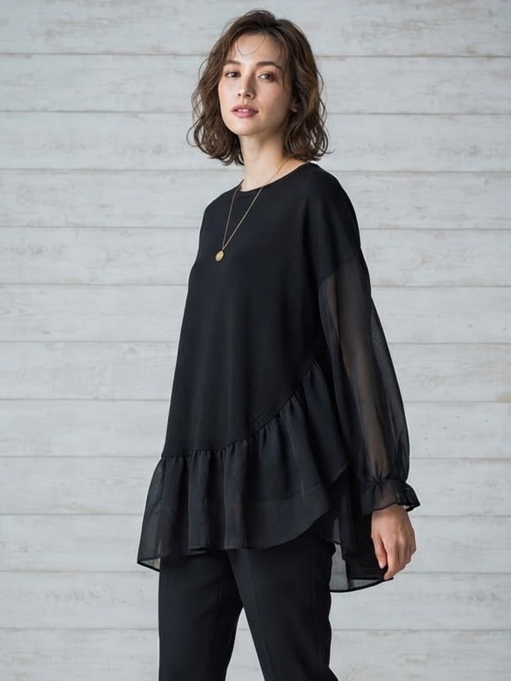 PEBBLE and Stone Black Ruffle-Hem Chiffon Blouse
